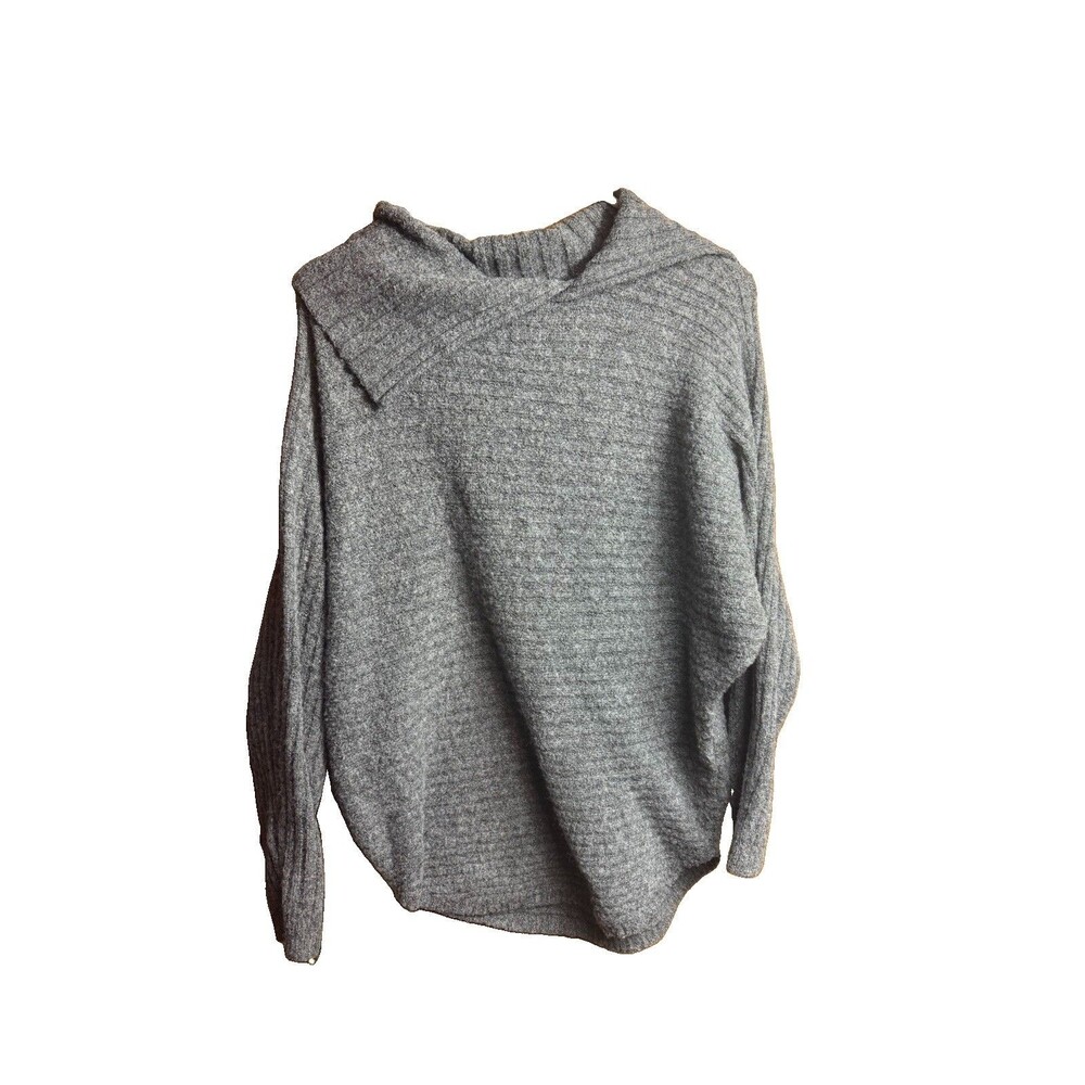 Women’s Gray Solid Ribbed Knit Cowl Neck Long Sleeve Oversized Pullover Sweater